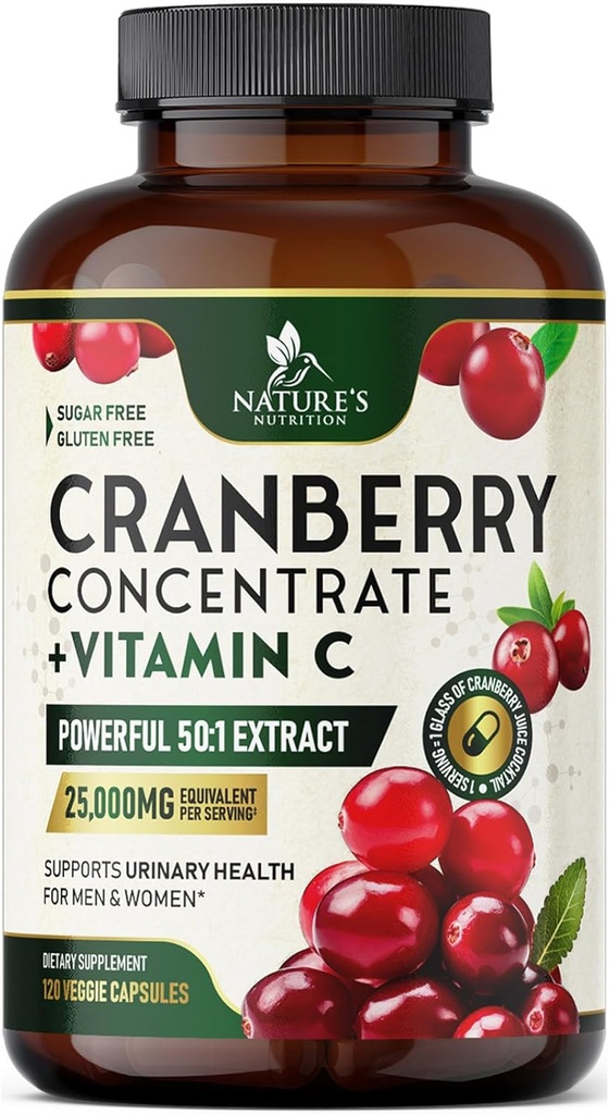 Cranberry Supplement Pills 25,000mg - High Potency Vitamin Cranberry för kvinnor och män, Urinary Tract Health Support, Sugar Free, Gluten Free, Non-GMO, Cranberry Concentrate Extract - 120 kapslar