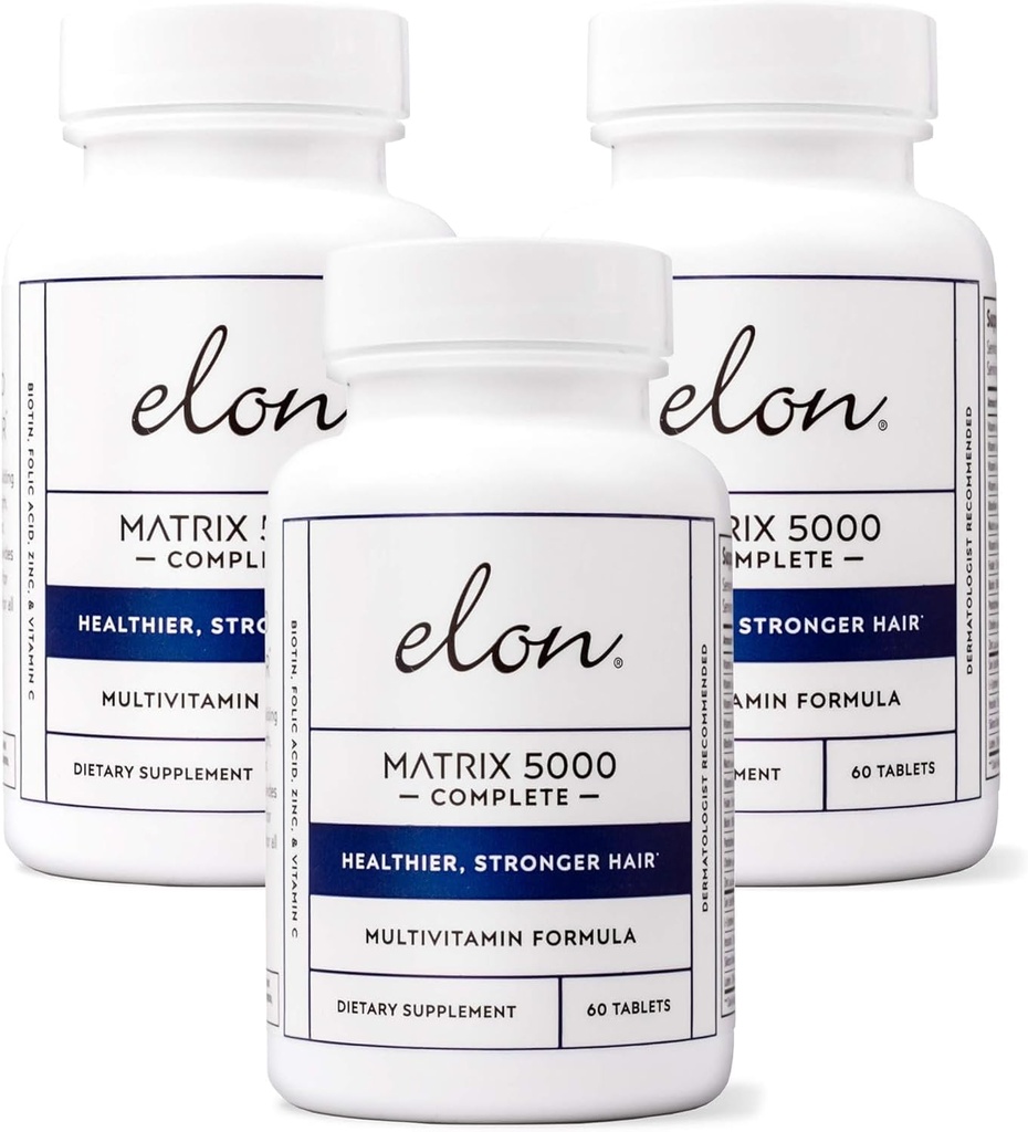Elon Matrix 5000 Komplett Multivitamin - Hud, hår och nageltillväxt Vitaminer - Hälsosam hårtillväxt Vitaminer för kvinnor och män - 5000Mcg Biotin Supplement, Pack of 3 (180 Day Supply)