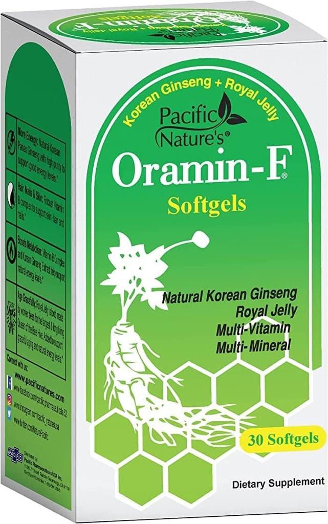 Pacific Nature Oramin F (30 Softgels) med koreanska Ginseng, Royal Jelly, Vitamin B Complex och Zink för energi, immunitet och näringsstöd