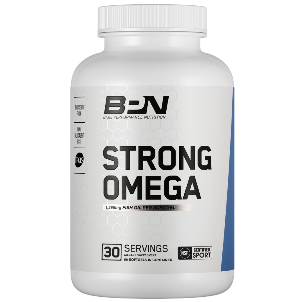 BARE SUORITUSKYKY RAVINTO, BPN Strong Omega Fish Oil Soft Gel, 1290mg Fish Oil per kapseli, Wild Catch Fish, kestävästi lähde, IFOS Certified, 30 Tarjoilut