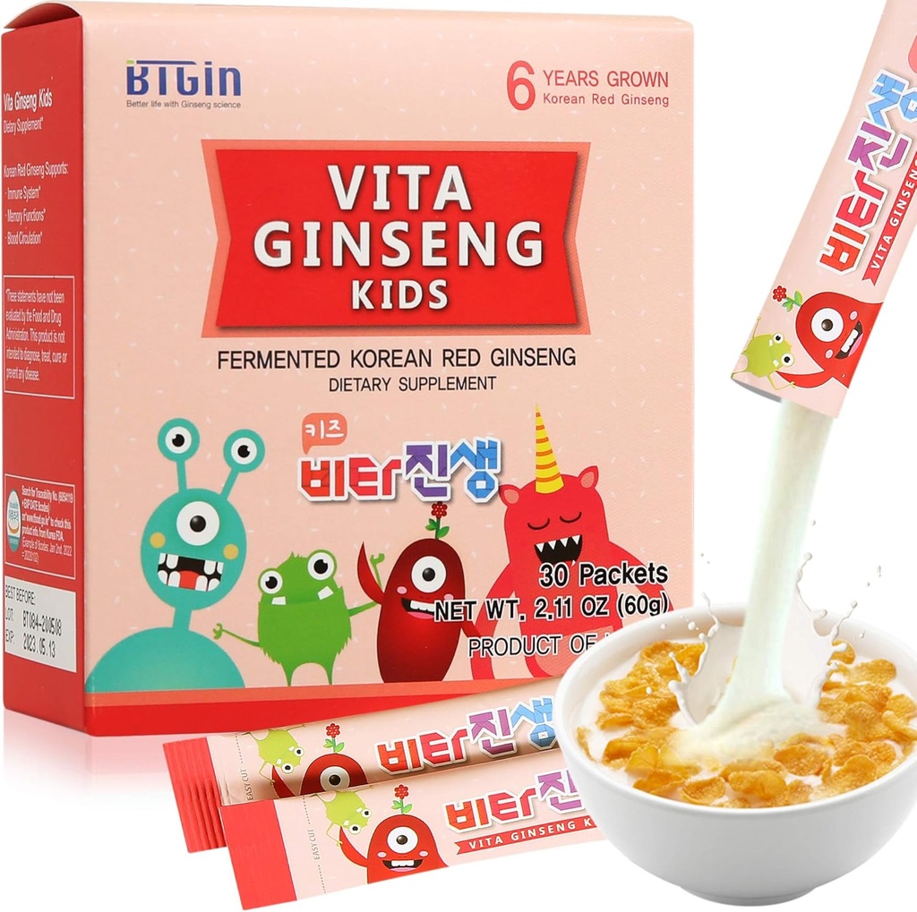Vita Ginseng Kids, vitamin D, Zink, 7 Berries, Banana, 20 grönsaker, mjölkpulver för immunstöd, fokus och minnesboost, 30 Packets (1Set)