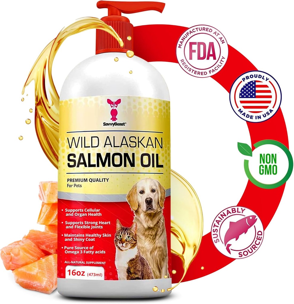 SavvyBeast Wild Alaskan laxolja för hundar, katter och illrar - Omega-3 fiskolja Pet Supplement med EPA & DHA - Stöder hud, rock, gemensamma, hjärta, hjärna, äck lättnad och immun - Unscented - 16 oz