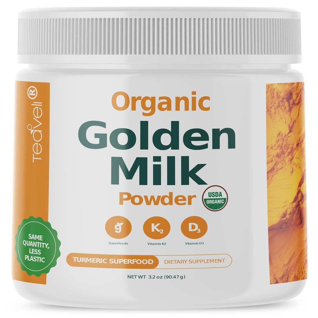 Organic Golden Milk Powder with Vitamiineja D3 & K2, Turmeric, Inkivääri, Kurkuma, Kaneli, KSM66 Ashwagandha, Holy Basil & Natural Prebiootit.