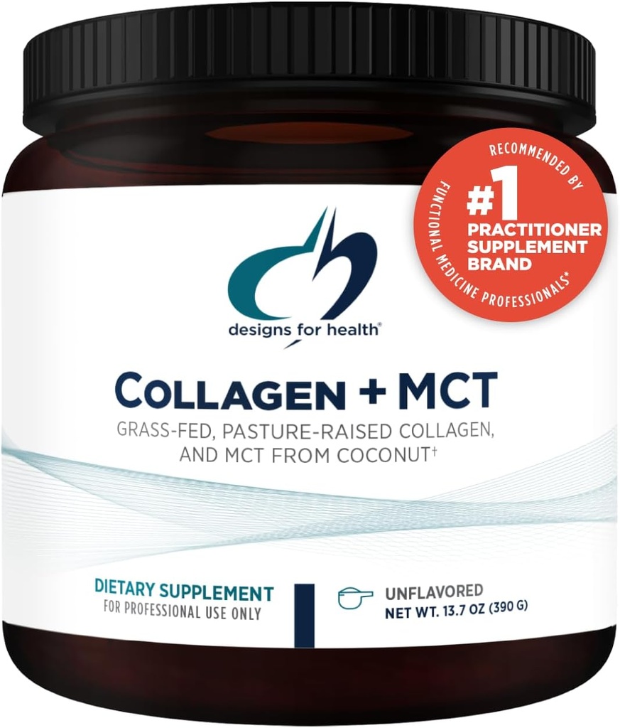 Designs for Health Collagen + MCT, Unmarioused - Hydrolysed Grass-Fed Collagen Peptides MCT Oil Powdered Promote Mental Focus, Kestävä energia, ihon ja Gut Health (30 Servings)