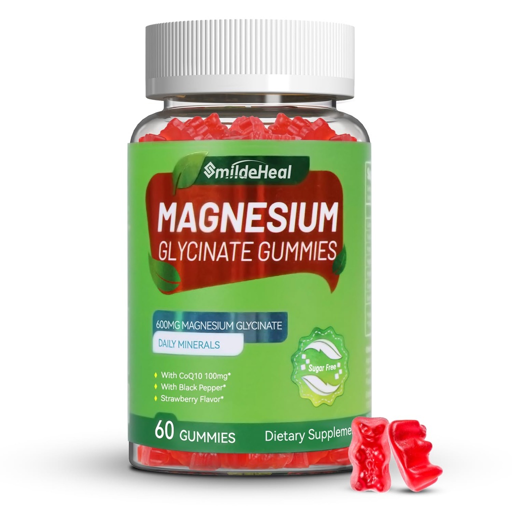 Magnesium Glycinate Gummies 600mg för kvinnor och män, med Magnesium L-Threonate 300mg, CoQ10 och Black Pepper, Vegan (60 greve)