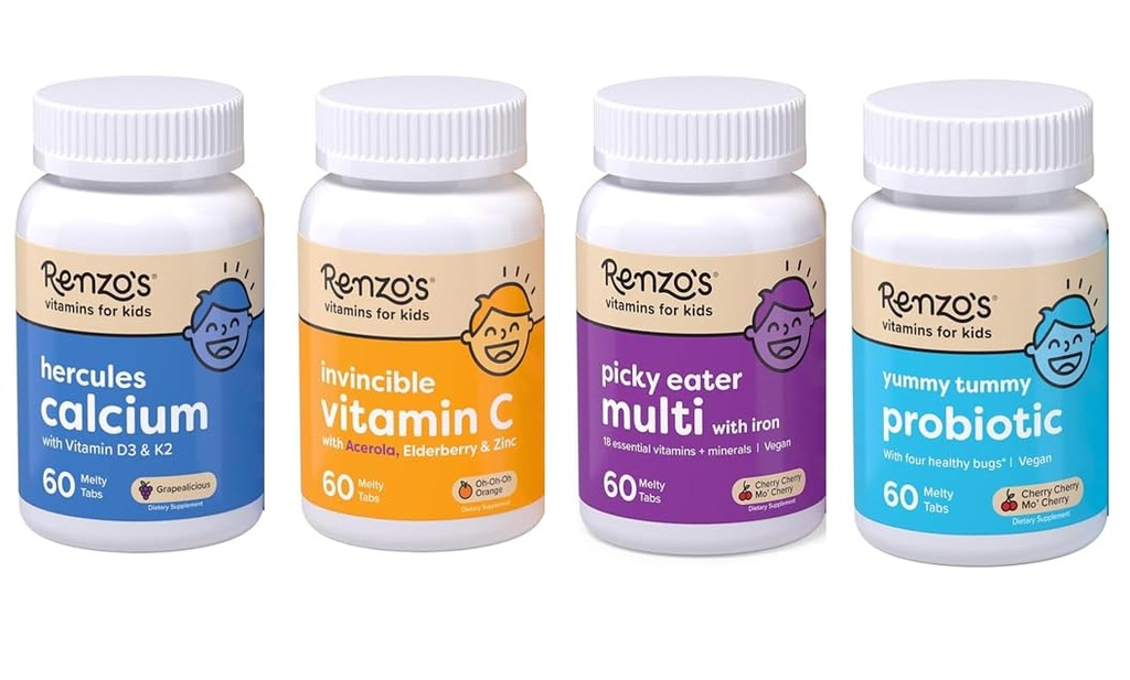 Renzon vitamiineja Kid Essential Bundle - Probiootti, C-vitamiinia Elderberry & Sinkki immuuni tukea, Picky Eater Kids Multivitamiini, ja Herkules Kalsium