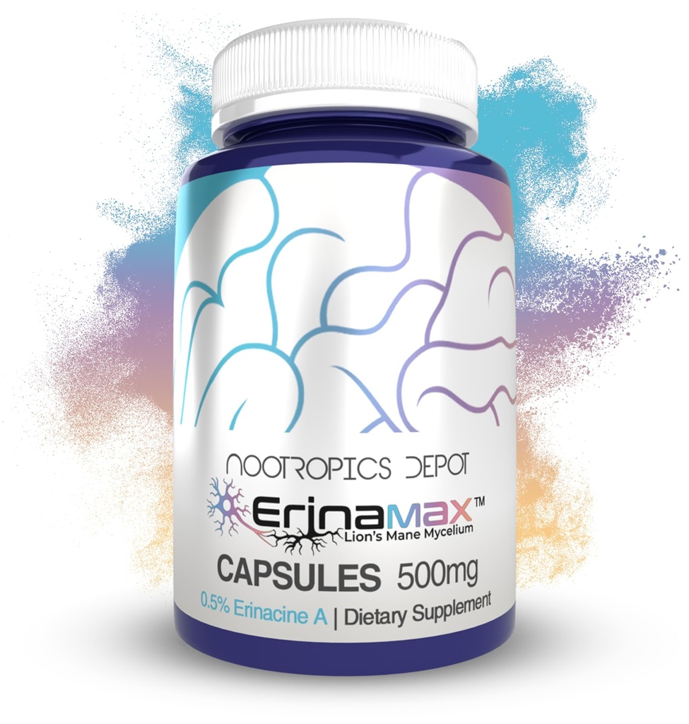 Nootropics Depot Erinamax Lion's Mane 500mg Capsules | Liquid Culture Mycelium | 2.5mg Erinacine A | Mood, Cognition och Nerve Support | 120 Count