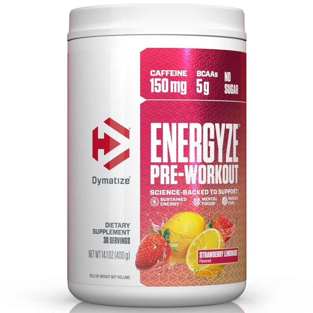 Dymatize Energyze Pre Treenout Powder for Miehet ja naiset, Mansikkasitruunaa, 150 mg kofeiini, 5g BCAAs, Performance Blend L-Theanine, L-tyrosine, L-sitrulliini, Ei sokeria (30 tarjoilua)