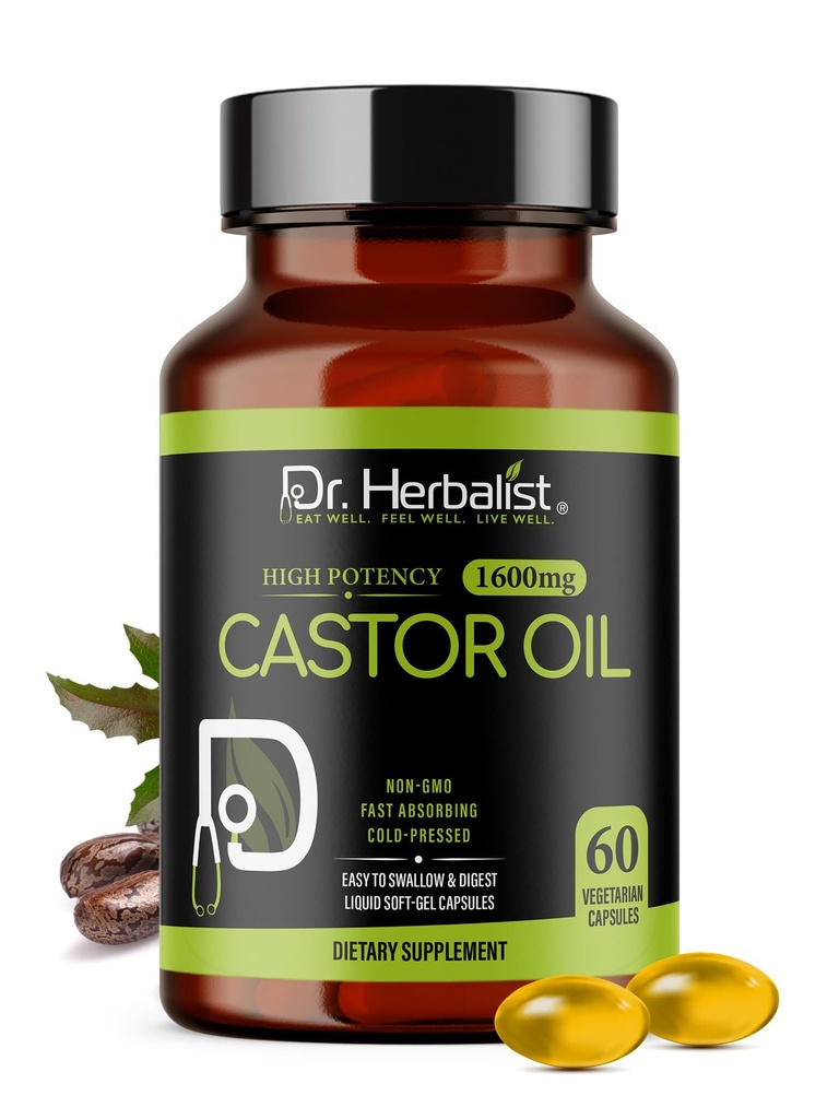Dr. HERBALIST Castor Oil Capsules - 1600mg per portion, 60 greve - Icke-GMO, snabbabsorberande, vegetarisk, kallpressad och hög styrka - stöder hud, hår, naturliga laxermedel och matsmältningshälsa