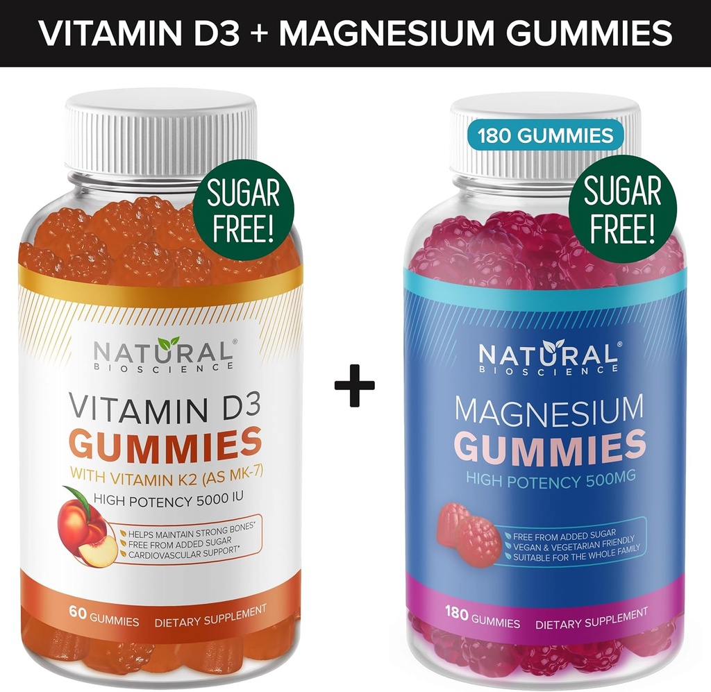 Sugar Free Vitamin D3 K2 Gummies (60 Gummies) och Sugar Free Extra Strength Magnesium Gummies (180 Gummies), Vitamin D3 Gummies 5000 IU + K2 MK7 80 mcg, Magnesium Citrate Gummies 500 mg