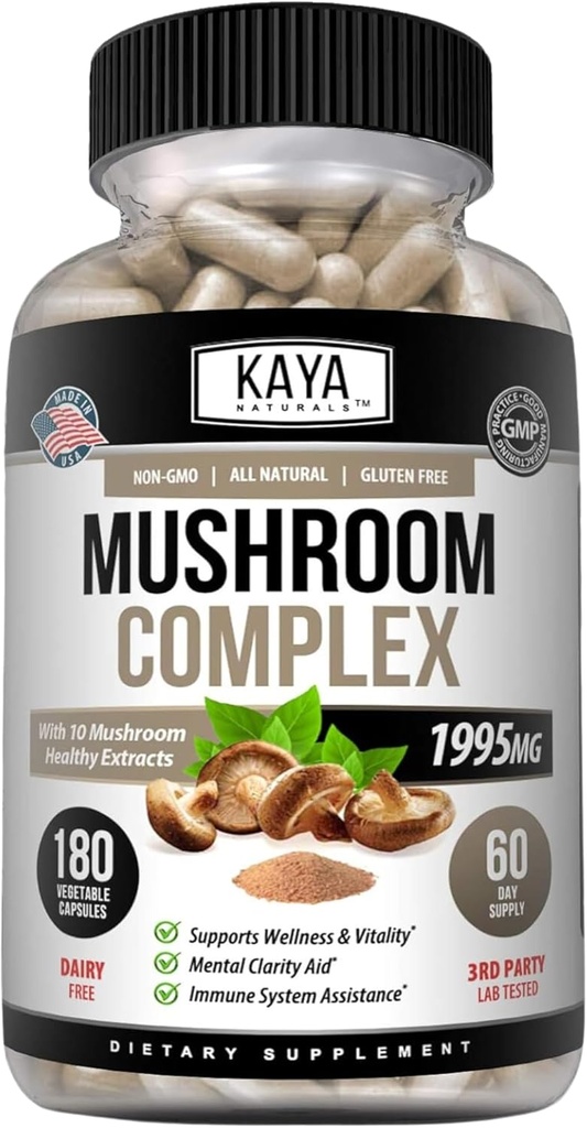 Kaya Naturals Premium Mushroom Complex Potent - Sieni täydentää - Sieni Complex Kapselit 1995mg Per Serving - Aids Mental Clarity tukee immuunijärjestelmää, hyvinvointi & elinvoimaa - 180 Count