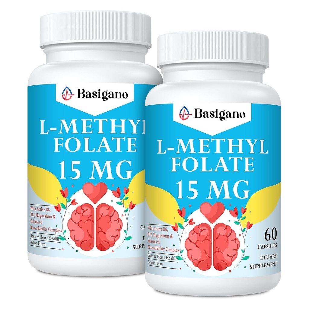 15 mg L Metyylifolaatti (5-MTHF) - Aktiivinen foolihappo, johon on lisätty B6- ja B12-60-vitamiineja Kasvissyöjän kapselit - ei-GMO, Gluteenittomat
