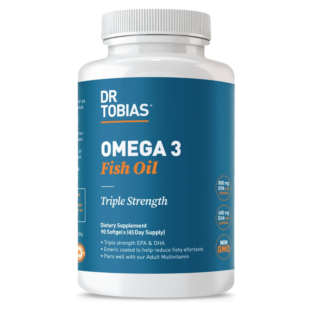 Tobias Omega 3 Fish Oil, 2000mg Triple Vahvuus 800mg EPA 600mg DHA Per Serving, Fish Oil Omega 3 Lisäravinteet sydän, aivot ja immuuni tuki, 90 Softgels, 45 Tarjoilu