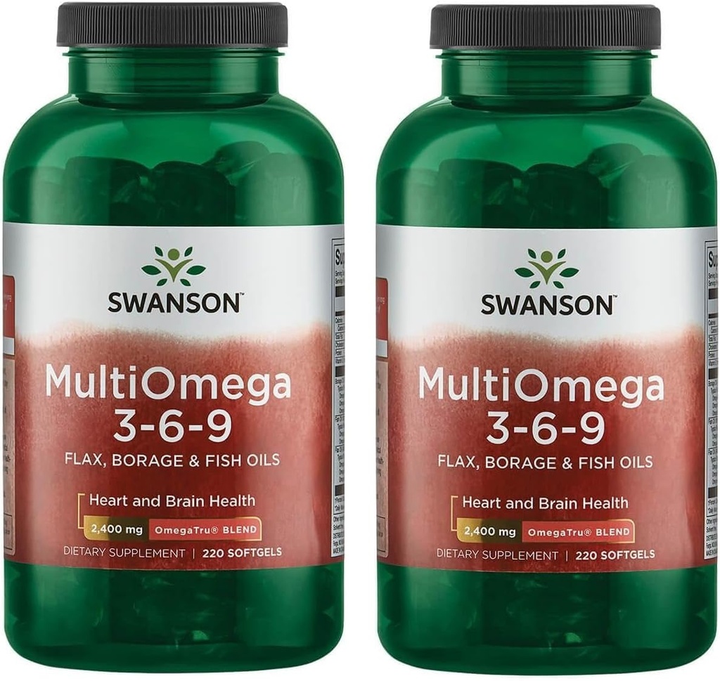 Swanson MultiOmega 3-6-9 - Ei-GMF- Pellava, Borage & Fish Oil Capsules - Essential Favoys Tukevat Kardiovascular Health & Brain Health - (220 Softgels, 2400 mg Serving) 2 pullot