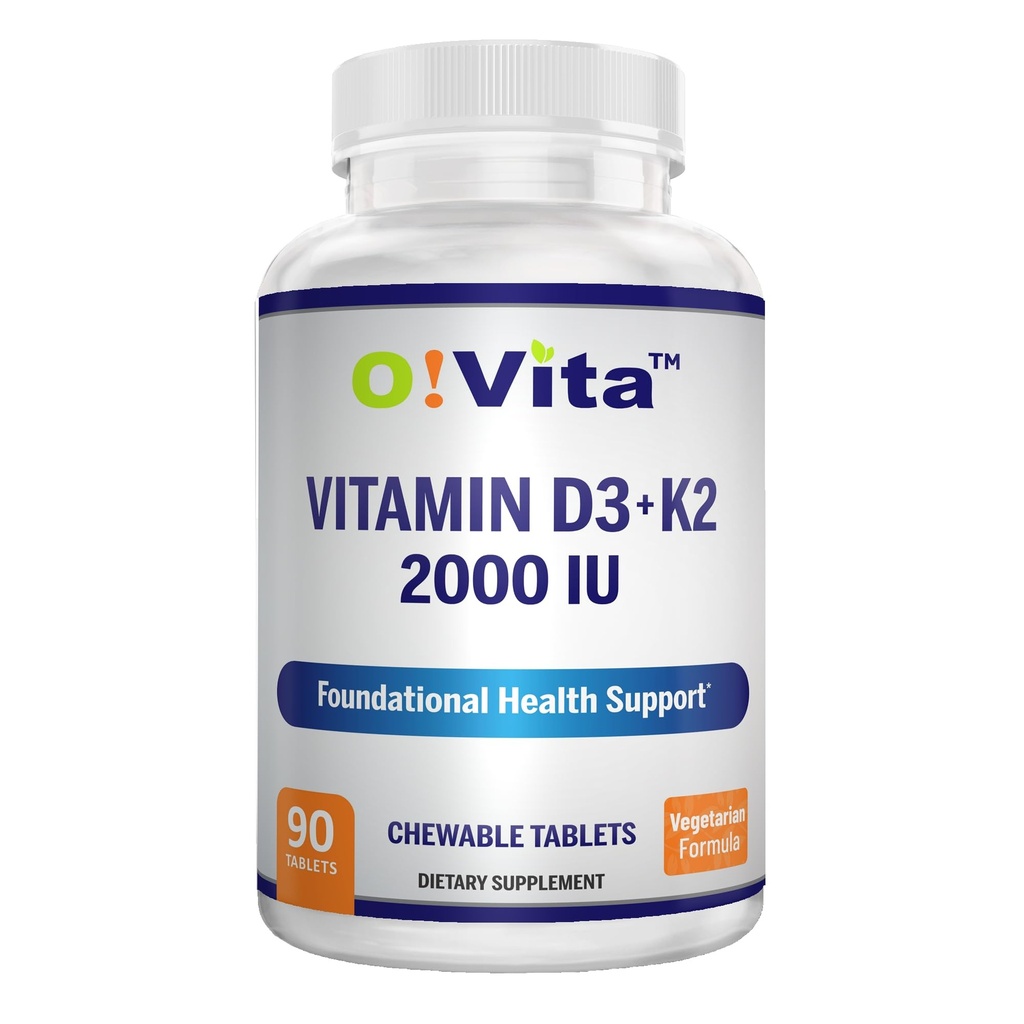 D3-vitamiini + K2 2000IU Pureskeltava Bone Health Support, 90 kasvissyöjä purutablettia, jopa 3-kuukautta
