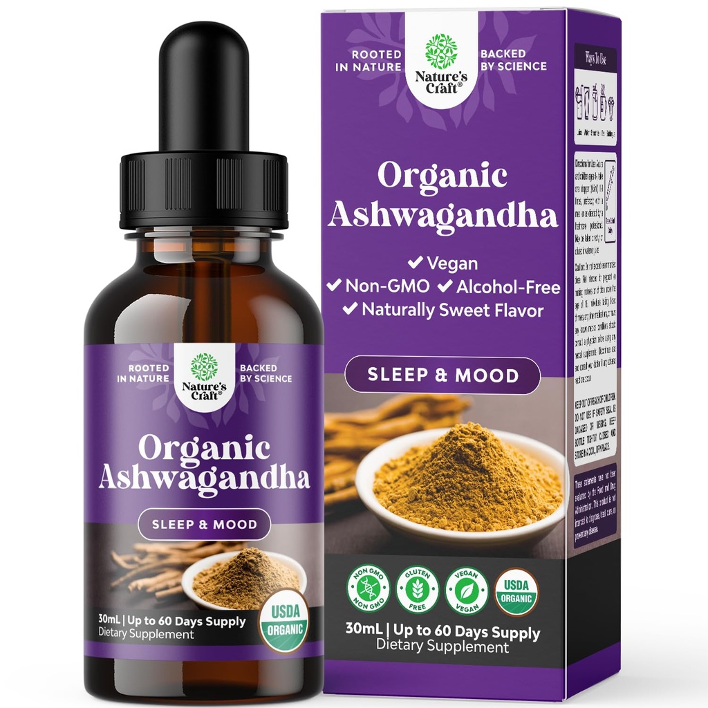 USDA Organic Ashwagandha Liquid Drops - Ashwagandha juuriuute stressiä ja mielialan tukea varten - Herkullisia Pure Adaptogen Drops aikuisille - Alkoholittomia kasviperäisiä Tinctures for Rest - 30 ml pullo