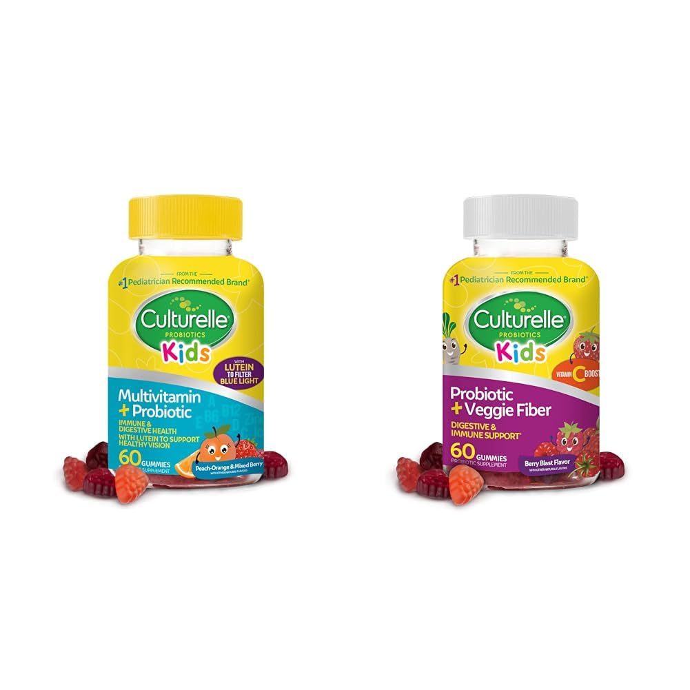 Culturelle Kids Probiootti Gummies for Ages 2+ - Peach-Orange & Mixed Berry Makuja & Päivittäinen Probiootti lapsille + kasviskuitu Gummies (Ages 3+) - 60 Count - Dgestive