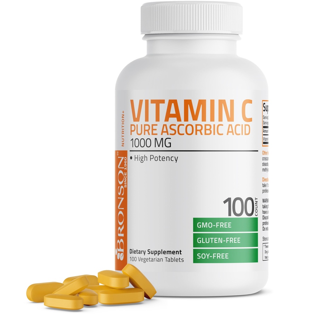 Bronson-vitamiini C 1000 mg Premium ei-GMO Askorbiinihappo Tabletit, 100