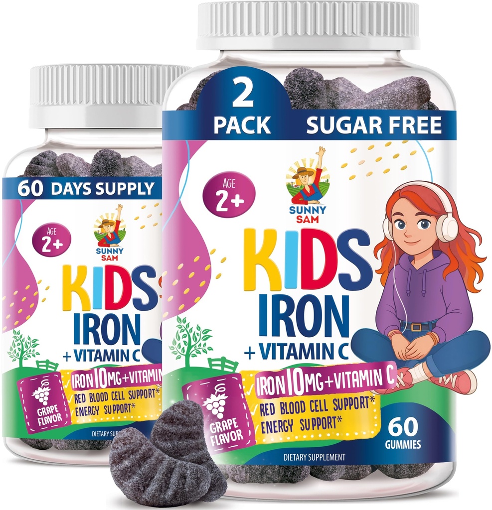 SUNNY SAM Iron Gummies lapsille & Teini - 10mg Vitamiinit C-vitamiini - Matala-sokerinen purukumi täydentää immuuni tukea, tukee Red Blood Cell tuotanto lapsille & Teini-tytöt