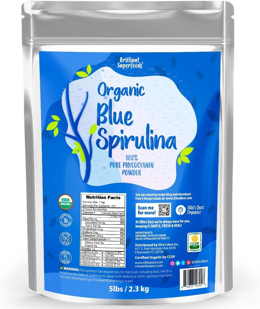 Organic Blue Spirulina Powder Superfood Superfood Superfood Supplement - 5LB Bulk - Odorless - Vegaani, Ei GMO, Gluteenittomat, Dairy-free, Brilliant Blue Food Väritys - puhdas vesiuutettu