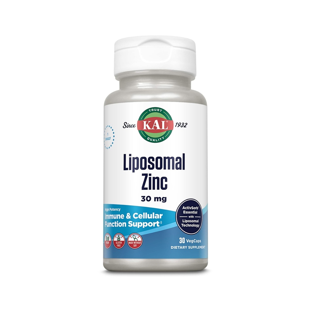 KAL Liposomal Zink 30mg, Cellular Function och Immune Support Supplement, Förbättrad Absorption Zink Supplements, Vegan, Gluten Free, Soy Free, 30 Servings, 30 VegCaps