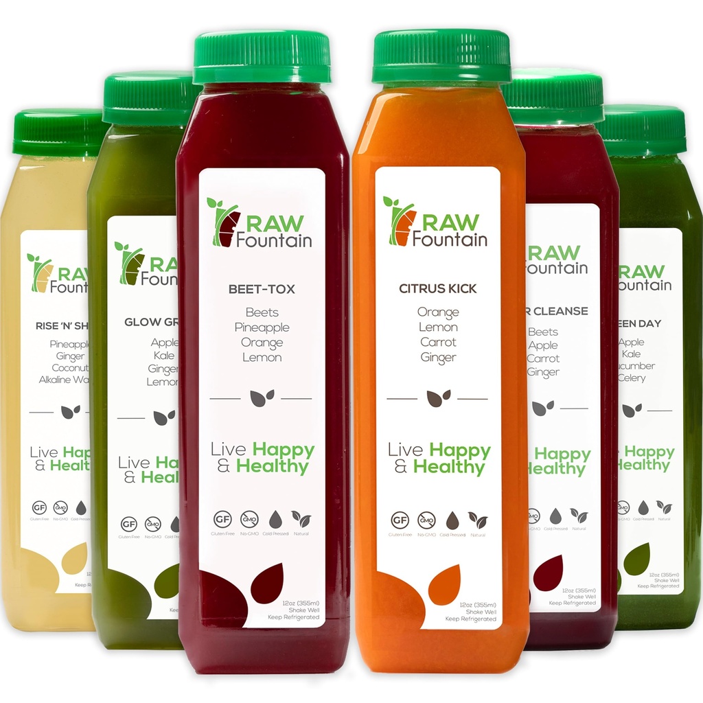 1 Day Juice Cleanse Raw Fountain, Kaikki Natural Raw Detox Cleanse, Mehua kehon Nollata, Kylmä Pressed Juice Nopea, Suuri tapa hypätäkäynnistys Terve Ruokavalio 6 Pullot 12oz