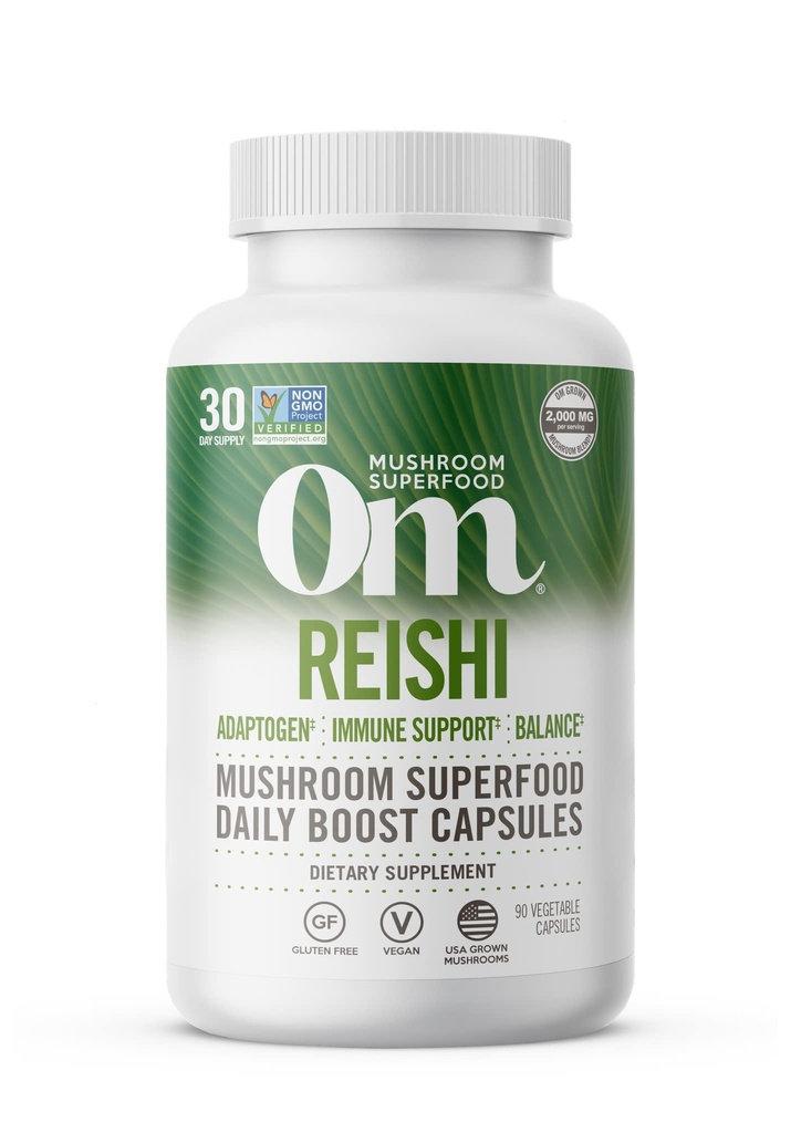 OM MUSHROOM SUPERFOOD Reishi Sieni Kapselit Superfood Supplement, 90 Count, 30 päivää, Organic Adaptogen for Stress Relief and Immuun Health