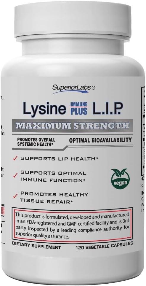 Superior Labs Lysine Immune Plus Lip, kliniskt bevisad läpphälsa och stöd, L-Lysinbunden till HCI för optimal stabilitet och absorption för snabba resultat, bioaktiv med noll skadliga tillsatser