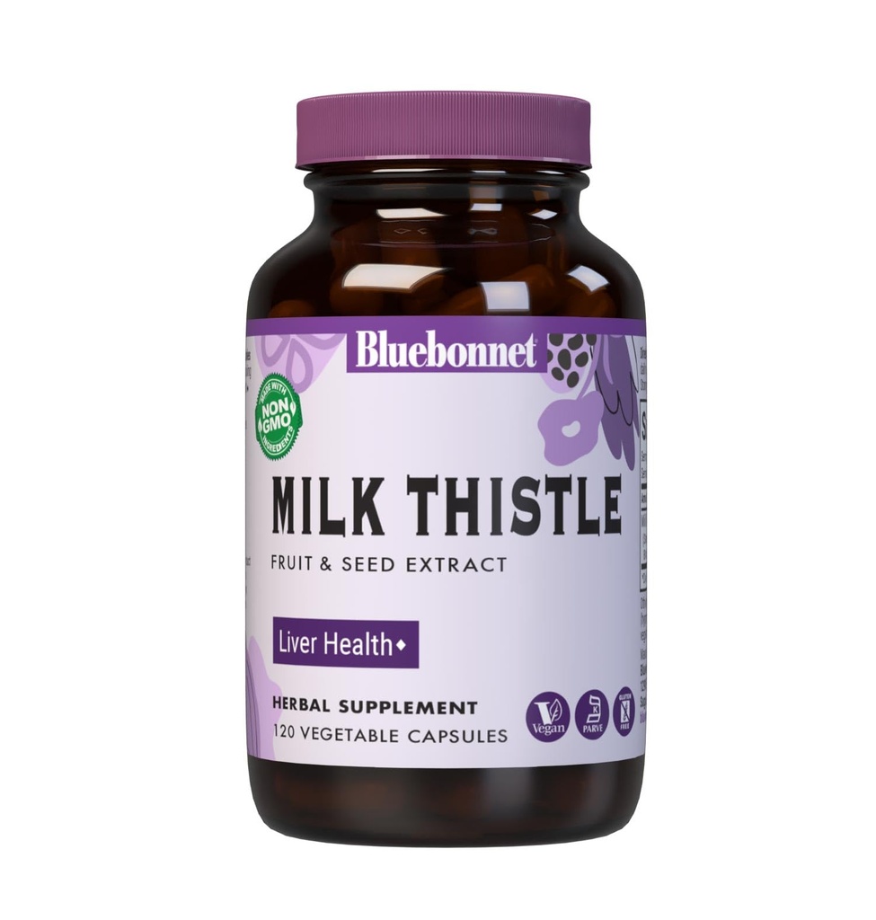 BlueBonnet Nutrition Milk Thistle Fruit & Seed Extract, Liver Health*, ei-GMO, Vegan, Kosher Certified, Gluteeniton, soijaton, 120 kasvikapselia, 120 tarjoilua