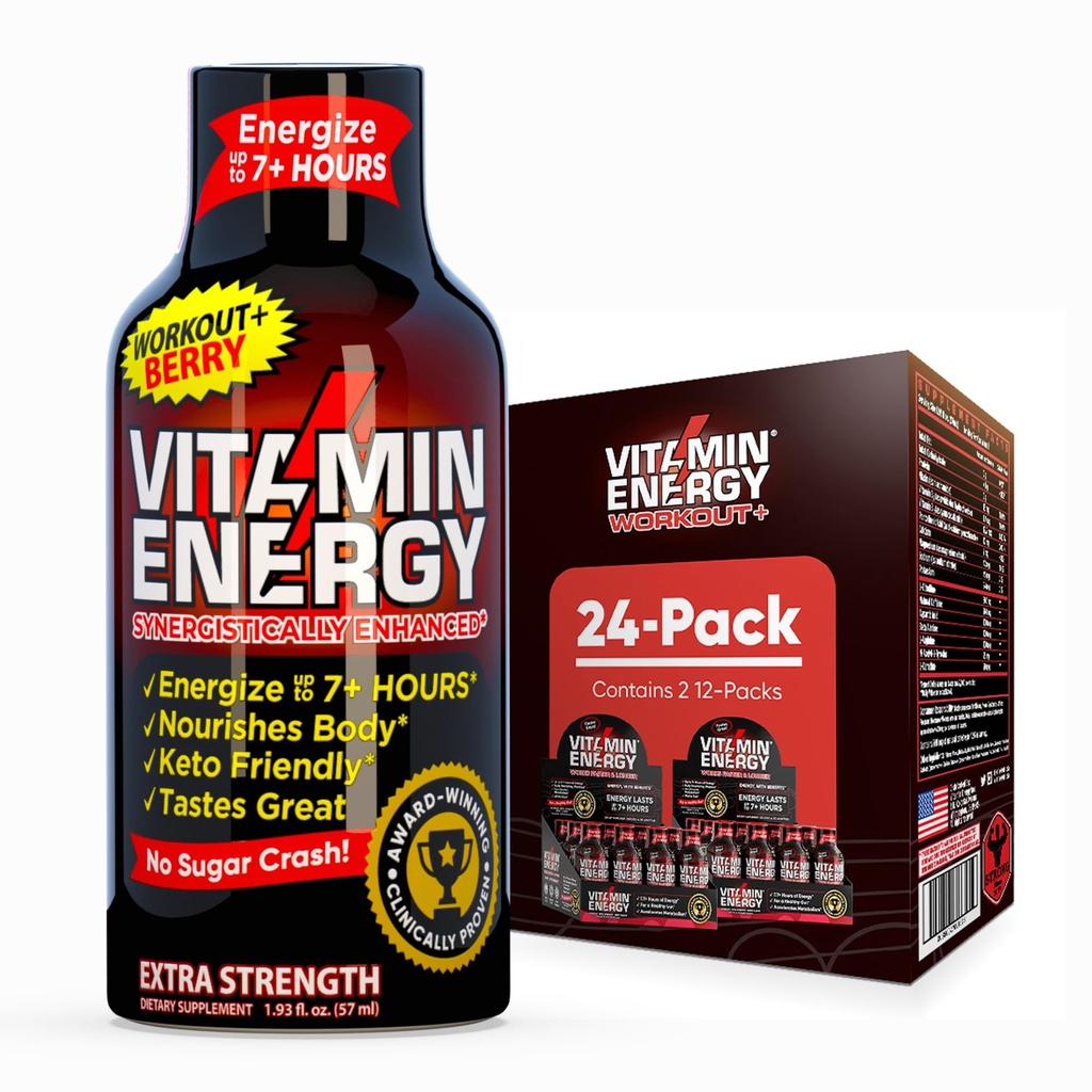Vitamiini Energy Treout+ Extra Strength Energy Shot Berry 24 pakkaus, 260 mg luonnollinen kofeiini, pre-workout, B-vitamiinit, mineraalit, kestävyys & suorituskyky, nollasokeri, gluteeniton, vegaaninen, 1,93 fl oz