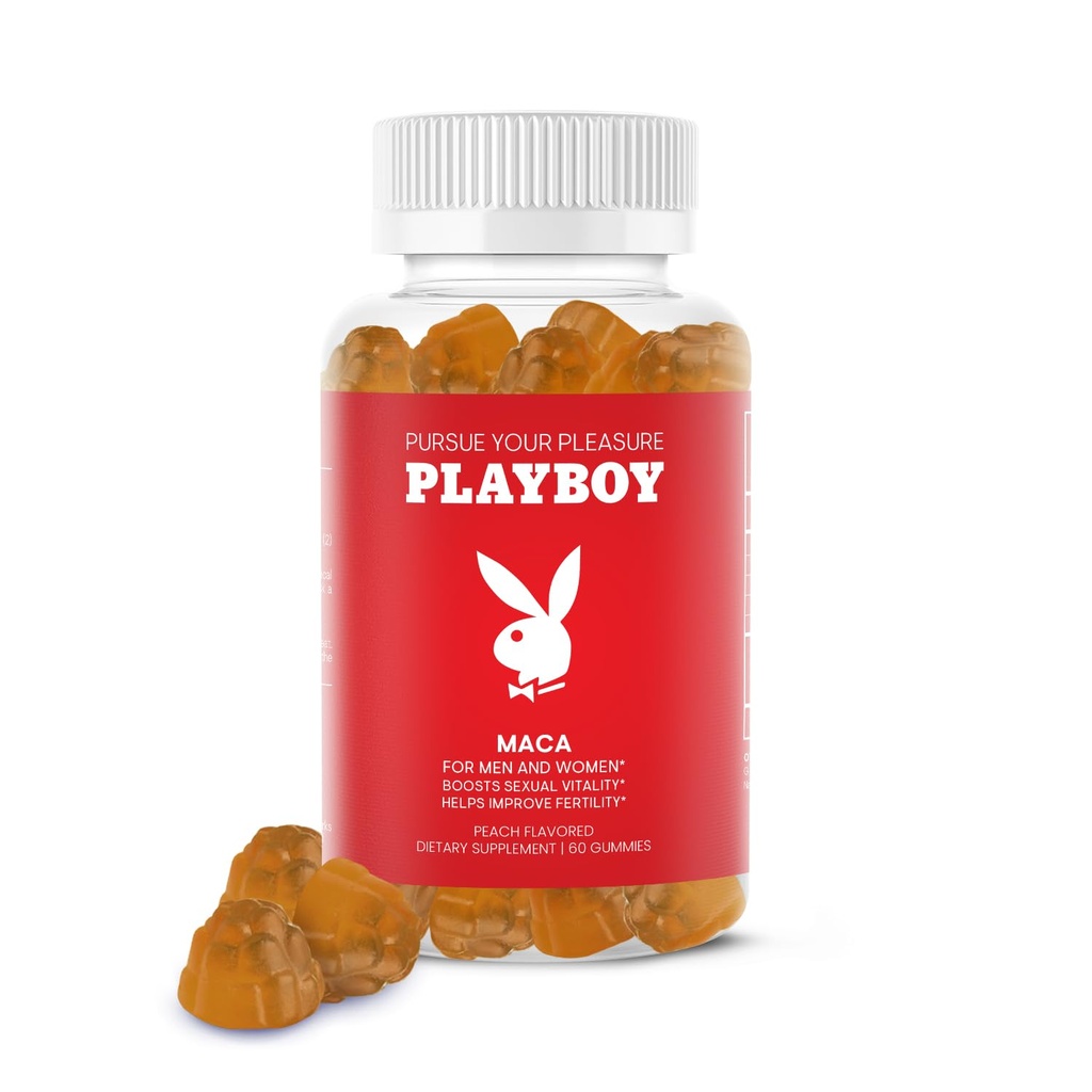 Playboy - Maca Root Gummies naisille ja miehille (60 Count - Peach Flavored) - Boost Seksuaalinen elinvoima, Libido, hedelmällisyys - Maca Gummies Supplement - 100% Natural, Vegan Non GMO - 4:1 Extract Maca Peruana