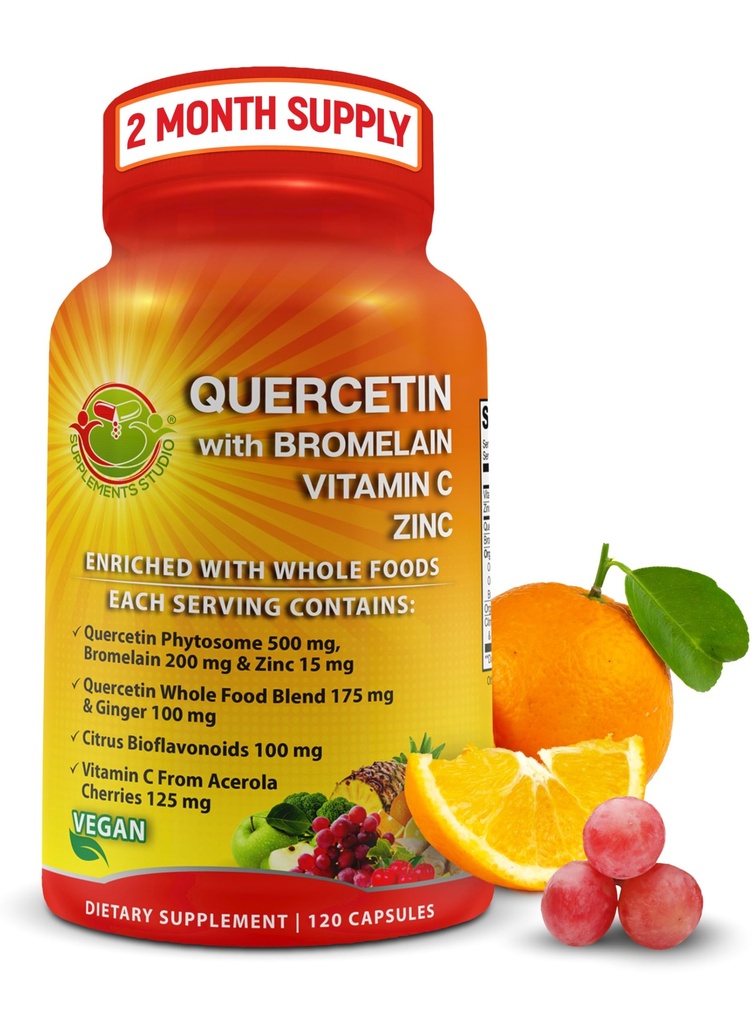 Quercetin med Bromelain Vitamin C och Zink Berikad med organiska hela livsmedel - 1215mg per servering - Quercetin Phytosome 500mg kapslar med ingefära och flavonoider för immunstöd - 120 greve