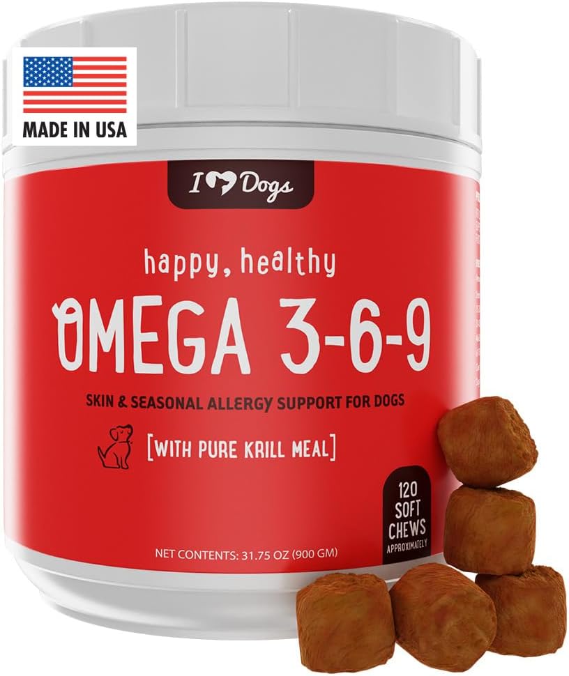 iHeartDogs Omega 3-6-9 för hundar - Hud- och Coat Fish Oil Supplement för hundar med ren Antarktisk Krill Oil - Allergy & Itchy Skin Relief Chews, 120 Count