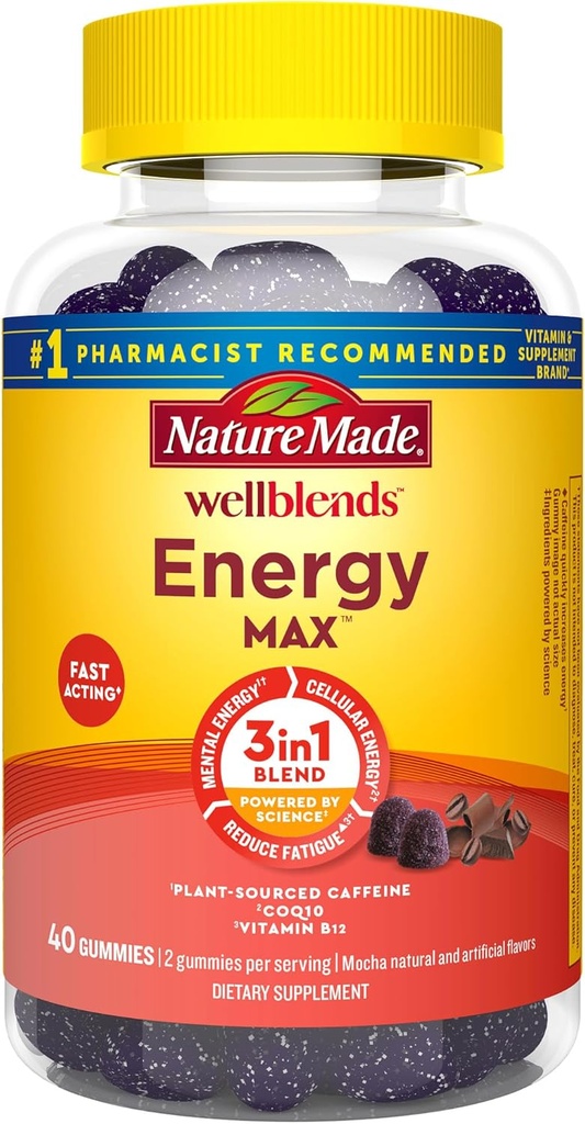 Nature Made Wellblends EnergyMAX Gummies, Fast Acting Caffeine, CoQ10 & Vitamin B12 1000mcg, Energy Support Gummy Vitaminer, 40 Gummies