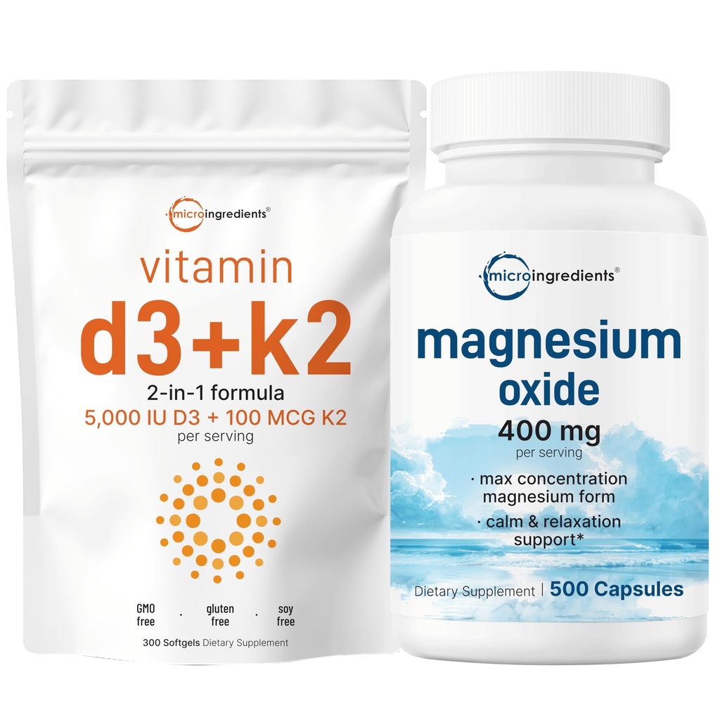 Micro Ingredients D3-vitamiini 5 000iu + K2 100mcg Softgels & Magnesiumoksidi 400 mg Bundle Pack 