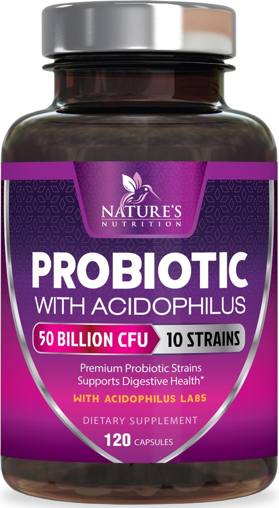 Probiotika 50 miljarder CFU per servering - 10 stammar + prebiotika - Digestive Health, Gut & Immune Support - Stöder Occasional Constipation, Gas & Bloating för kvinnor och män Shelf Stable - 120 kapslar