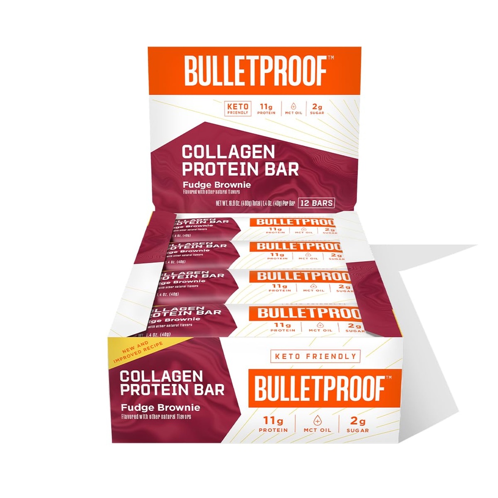 Bulletproof Fudge Brownie Collagen Protein Bars, Pack of 12, Keto-Friendly Snack med MCT Oil, Grass-fed Collagen, No Added Sugar