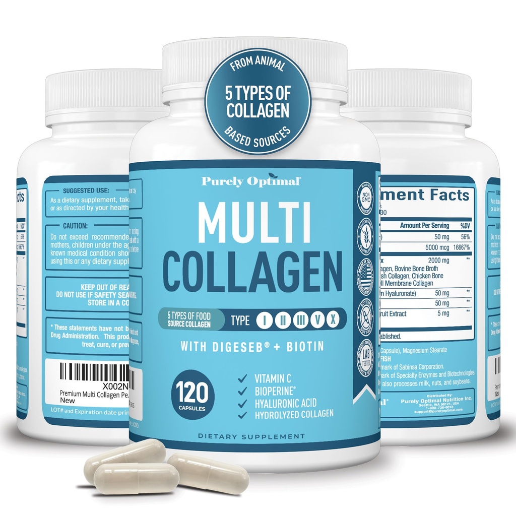 Premium Multi Collagen Peptides (tyypit I, II, II, V, X) - Kollageeni pillerit ihonhoito, hiusten kasvu, kynnet ja nivelet - C-vitamiini, hyaluronihappo, biotiini, gluteeniton - 120 kollageenikapselia