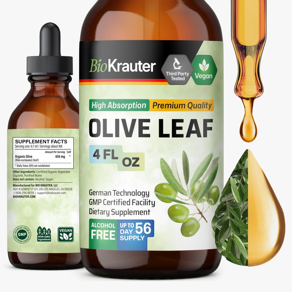 BIO KRAUTER Olive Leaf Extract Liquid - Olive Leaf Tincture för immunstöd - Alkohol och sockerfri - Vegan Drops 4 Fl.Oz.