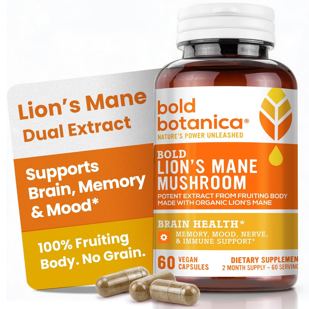 Bold Botanica Lion's Mane Mushroom Capsules - 100% Fruiting Body - Concentrated Organic Lion's Mane Extracts - Nootropic Brain Health - Memory, Mood, Immune Support - 60 Vegan Capsules