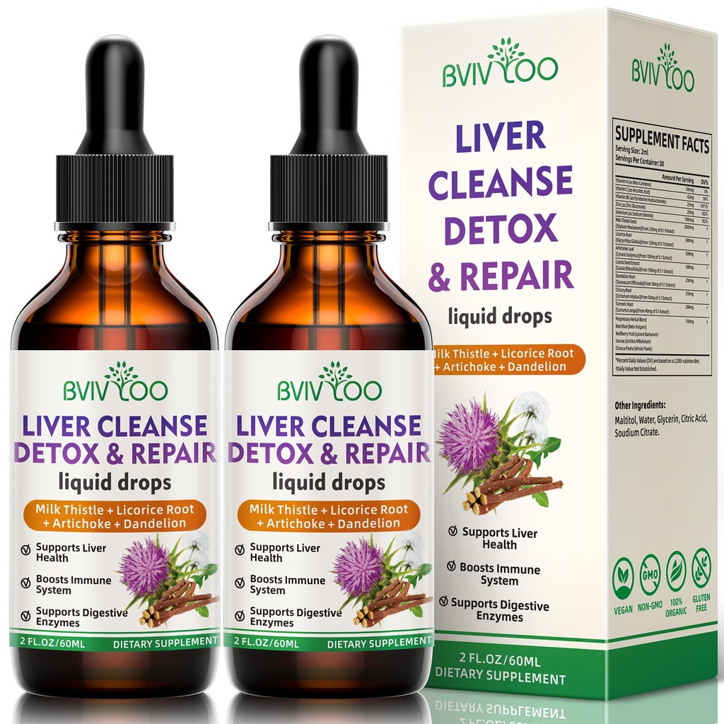 2 Pack Liver Health Liquid Drops - 2000mg Milk Thistle, Voikukan juuri, Artisokka, Silymarin Extract, & Turmeric Yrtit - Vegan, ei-GMO - 4 Fl Oz (120ml)