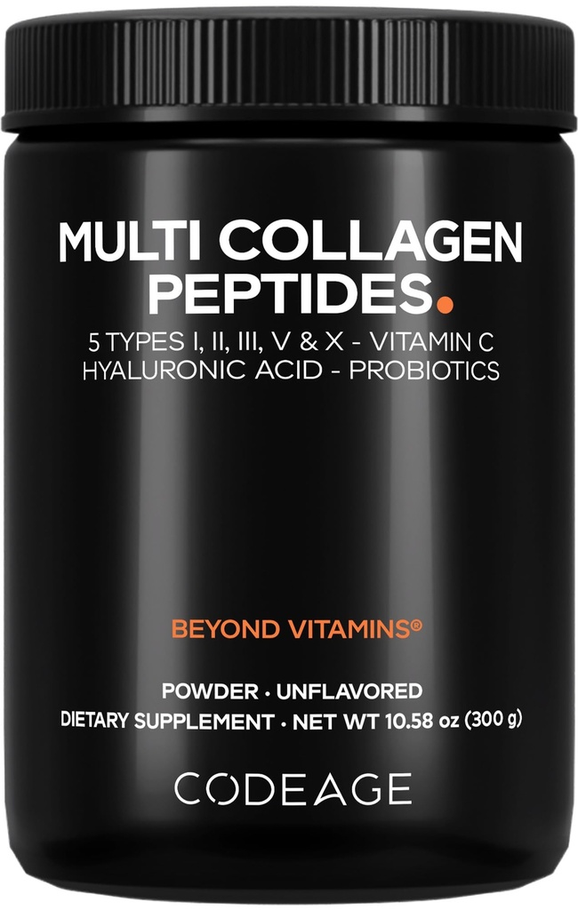 Codeage Multi Collagen Peptides Powder + Probiotics Black Edition, Vitamin C, Hyaluronic Acid Powder Supplement, Grass-Fed, Hydrolyzed, Zero Carbs, Typ I, II, III, V & X, Unflavored, 10.58oz