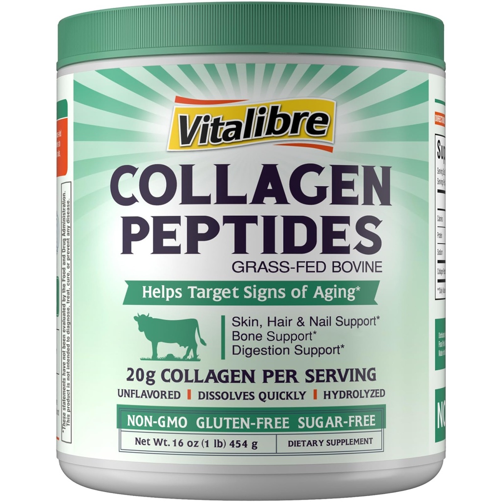 Naudan kollageenin Peptides Powder for Women and Men, Grass-Fed Hydrolyzed Collagen Protein Type I & III, iho, hiukset, kynnet, luut, digestio, makua sisältämätön, ei-GMO, Keto & GF, 22 tarjoilua, 16oz