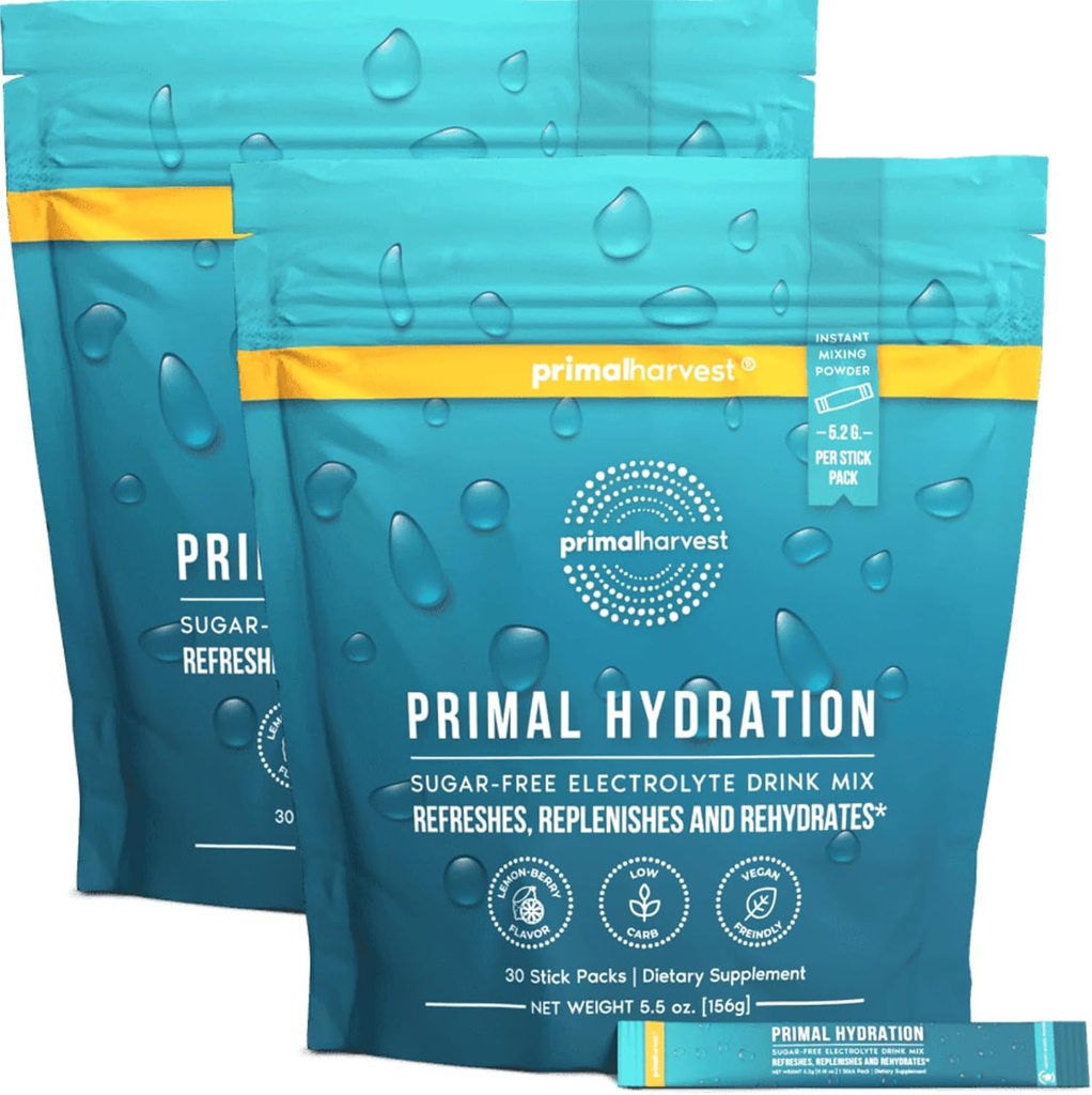 Primal Harvest Electrolytes Powder Packets Primal Hydration, Easy Open Packets, Energy Drink Mix 2 Pack Bundle (Sitruunamarja, 60 pakkausta)