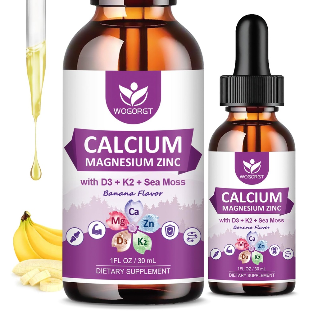 Kalsiumsitraatti 1000 mg D3-vitamiini naisille ja miehille - nestemäinen kalsium Magnesiumsinkki D3 K2 täydentää luun, hampaiden tuki, sokeriton, vegaaninen, banaanin maku - 1 Fl Oz (2 pakkaus)
