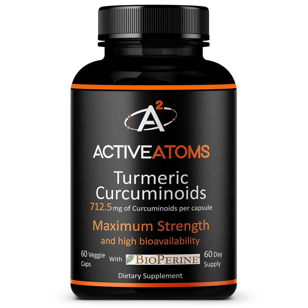 Active Atoms Turmeric Extract, Extra Strength with BioPerine® Black Pepper 750 mg Turmeric Extract per yksi 00" kapseli, Standardoitu 95% Curcuminoidit, ei-GMO, 60 kasviskapselit 60 päivän toimitus