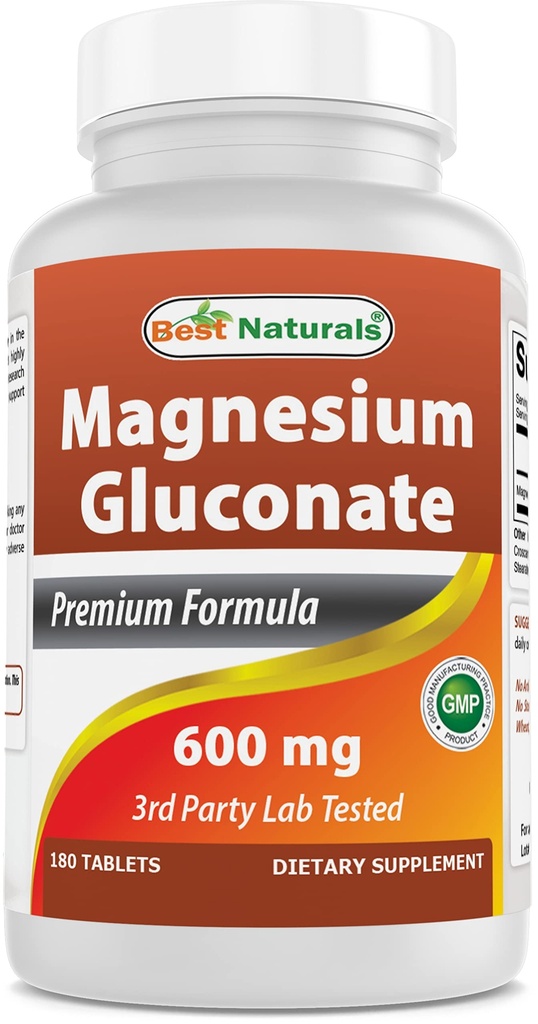 Best Naturals Magnesiumglukonaatti (35 mg elementaalinen magnesium 600 mg:sta magnesiumglukonaattia) 180 tablettia