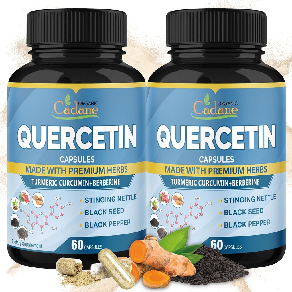 Organic Cadane 2 Packs Quercetin Supplements Capsules, 6in1 med gurkmeja, Berberine, Stinging Nettle, Black Seed, Black Pepper - Stöder Immune System - 4 månader Supply