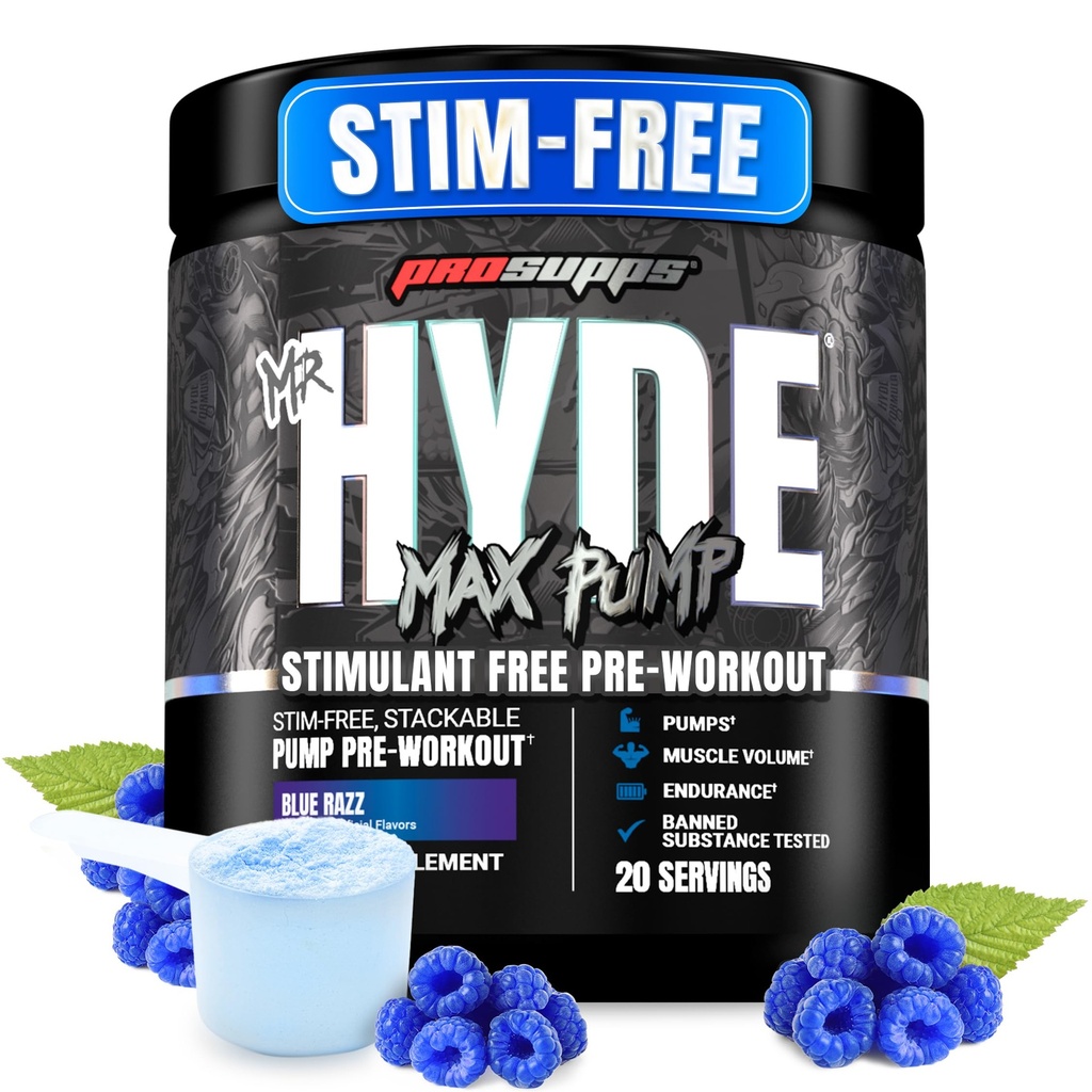 ProSupps Mr. Hyde Max Pump Pre Treenout Powder - Stim-free Preworkout tukee veren virtausta, lihasten tilavuus ja kestävyys - kofeiiniton typpioksidin Gym & Fitness täydentää (Blue Razz, 20 Servings)