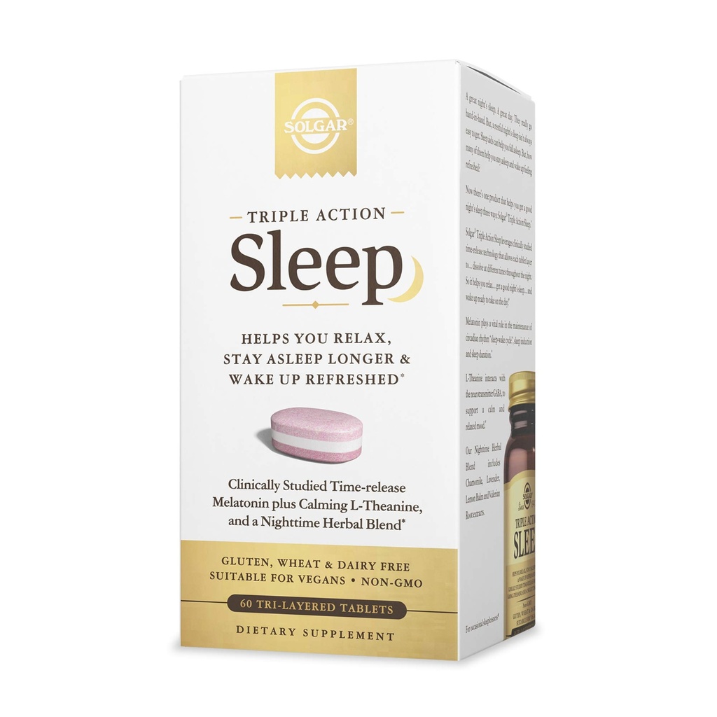 Solgar Triple Action Sleep, 60 Tri- Layer tablettia - Aikarelease Melatoniini & L-Theanine Plus Herbal Blend - Auttaa sinua rentoutumaan, putoamaan Nuku nopeasti ja pysy pitkään - ei-GMO, Gluteeniton - 60 tarjoilua